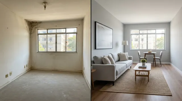 Ferramentas de IA para corretores aplicadas para limpar parede e mobiliar sala vazia