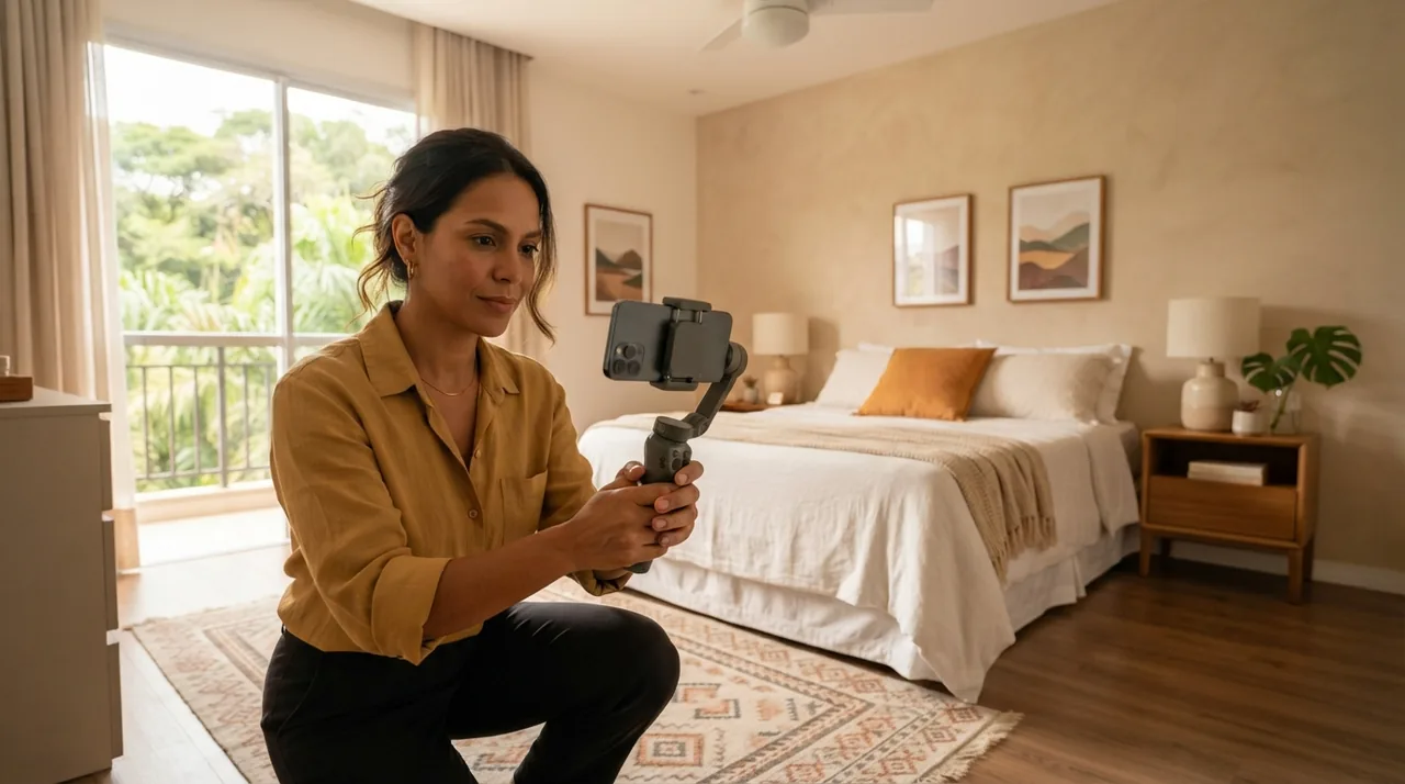 Ilustração: Smartphone fotografando um quarto de casal bem iluminado