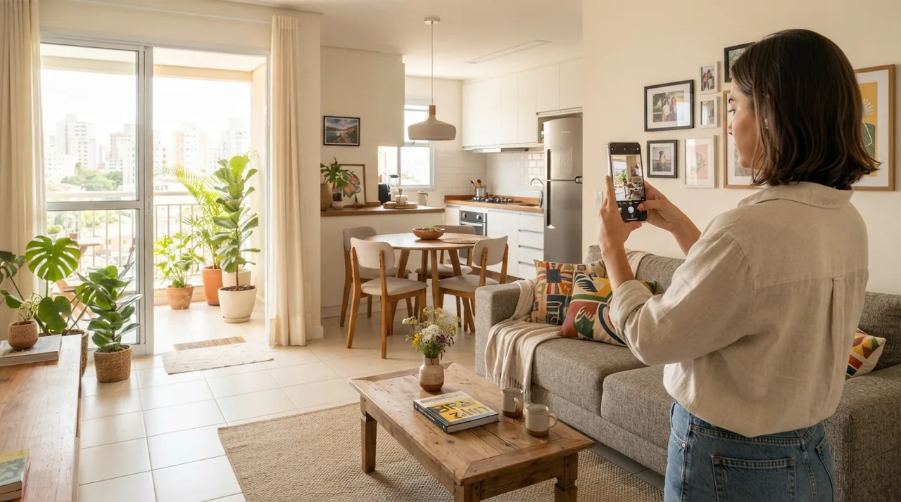 Ilustração: Smartphone capturando sala integrada para como anunciar imóvel no airbnb