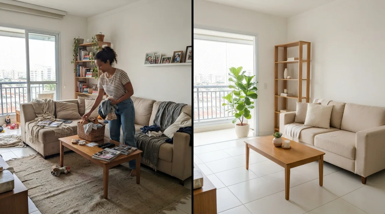 Ilustração: sala de estar antes e depois de recolher objetos pessoais, tapetes e panos