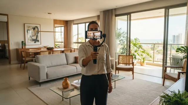 Ilustração: gravação com celular posicionado na altura média do ambiente mostrando a sala ampla