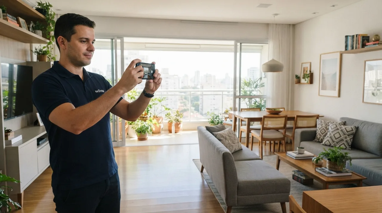 Ilustração: Corretor registrando ambiente interno com o celular na horizontal