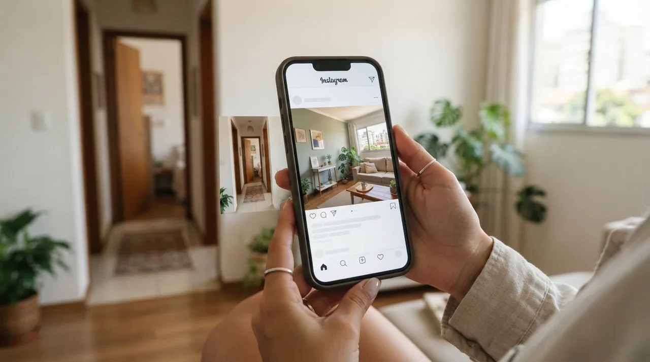 Ilustração: tela de celular exibindo um carrossel do instagram com fotos sequenciais de uma sala para o corredor