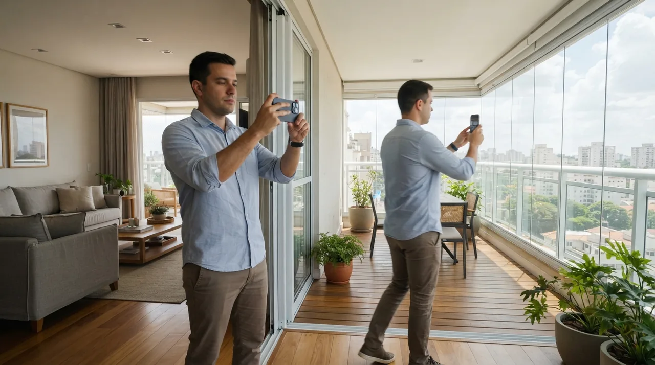 Ilustração: corretor segurando celular na horizontal gravando a transição da sala para a varanda em apartamento claro