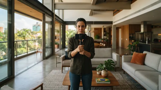 Ilustração: profissional registrando ambiente interno de imóvel espaçoso utilizando apenas o smartphone