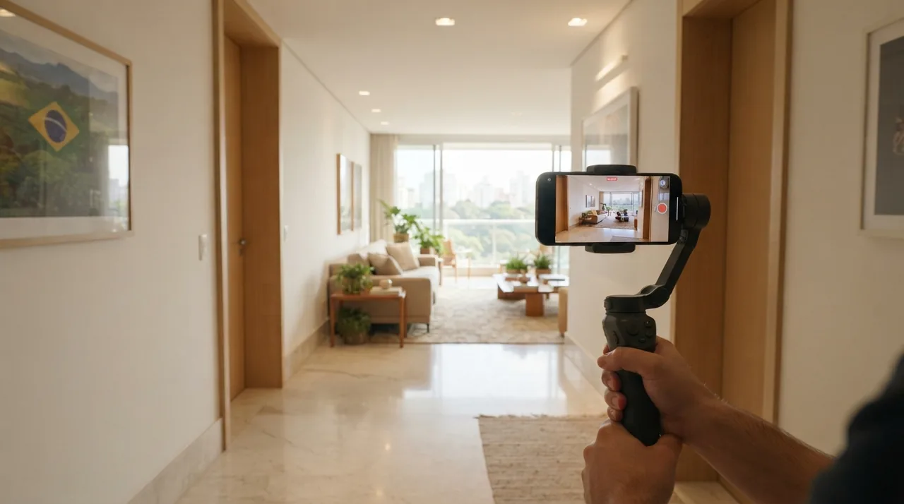 Ilustração: smartphone montado em estabilizador horizontal percorrendo corredor em direção à sala ampla