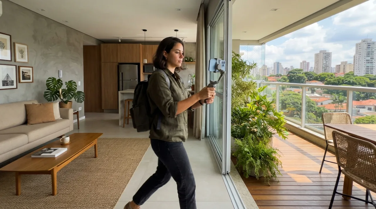Ilustração: videomaker gravando a transição da sala para a varanda usando celular e estabilizador