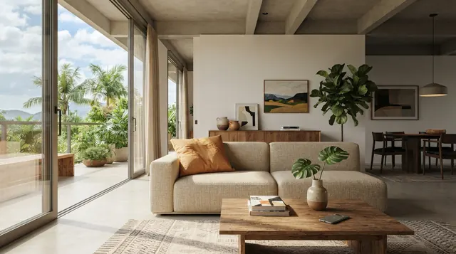 Ilustração: sala de estar residencial ampla fotografada na diagonal com celular e luz natural equilibrada