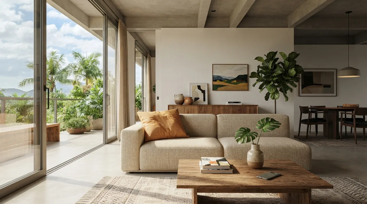 Ilustração: sala de estar residencial ampla fotografada na diagonal com celular e luz natural equilibrada