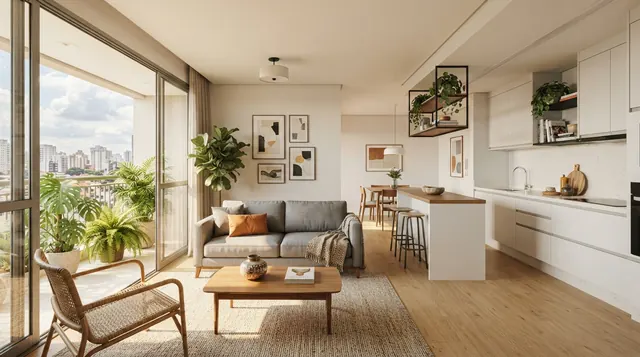 Ilustração: enquadramento horizontal de sala com cozinha integrada em lente grande angular