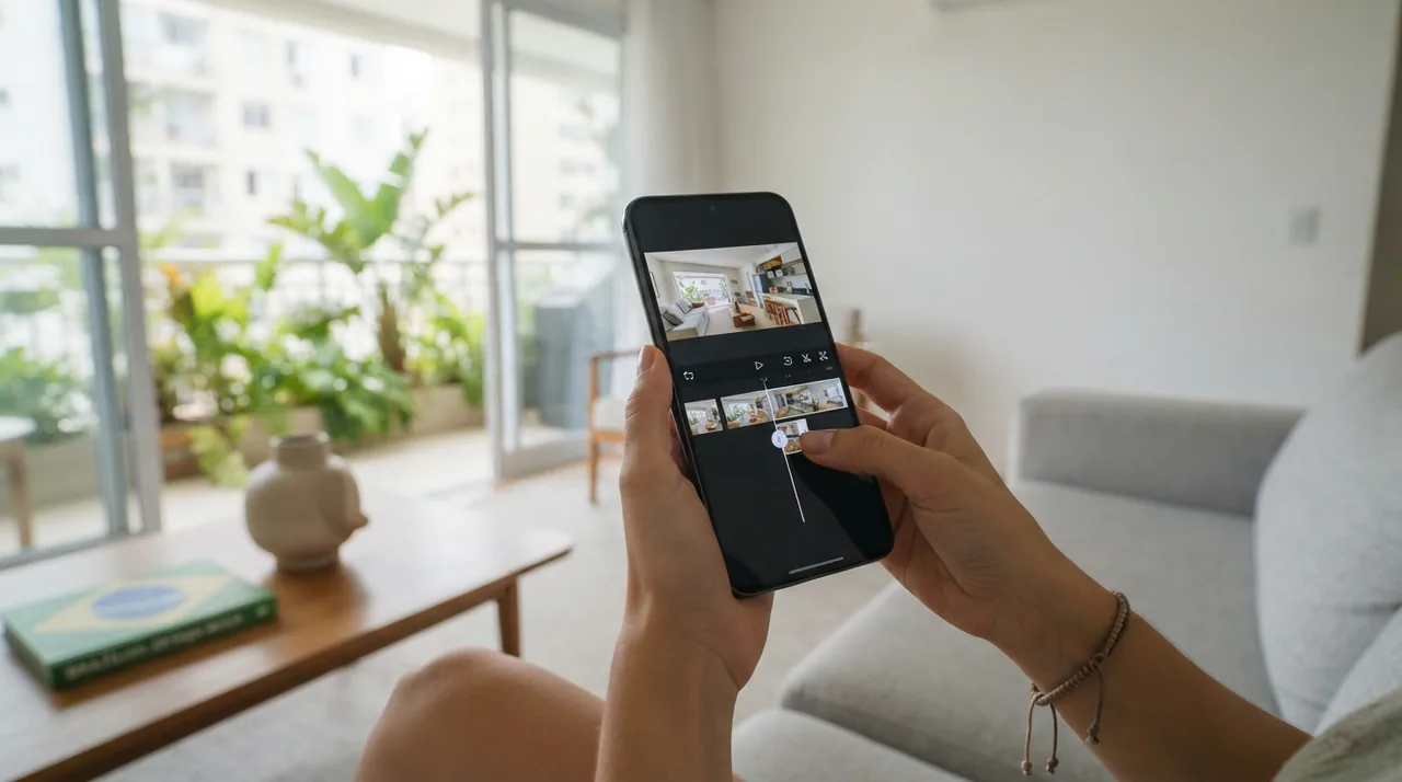 Ilustração: tela de celular samsung organizando clipes de vídeo imobiliário na linha do tempo