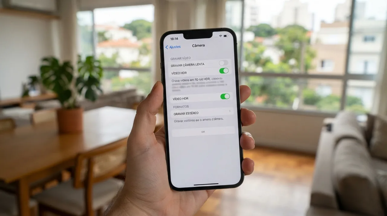 Ilustração: tela de ajustes do iPhone mostrando o menu de câmera com a chave de vídeo HDR ativada