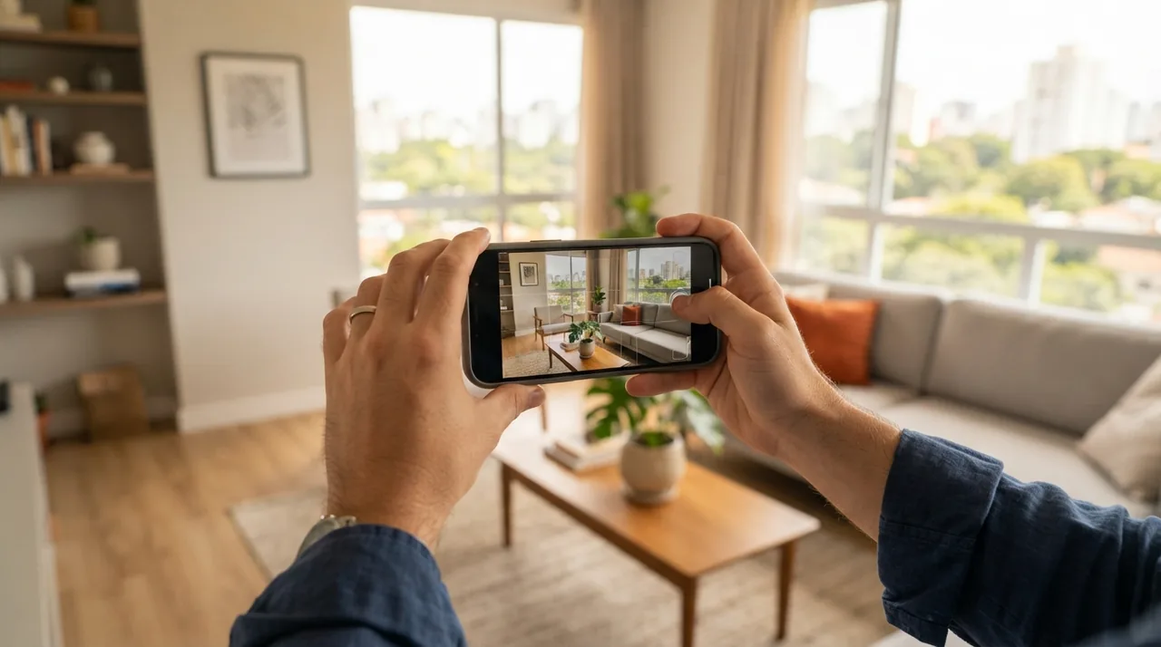 Ilustração: visão em primeira pessoa (POV) das mãos do fotógrafo segurando o celular na horizontal a 1,20 m dentro de um apartamento real