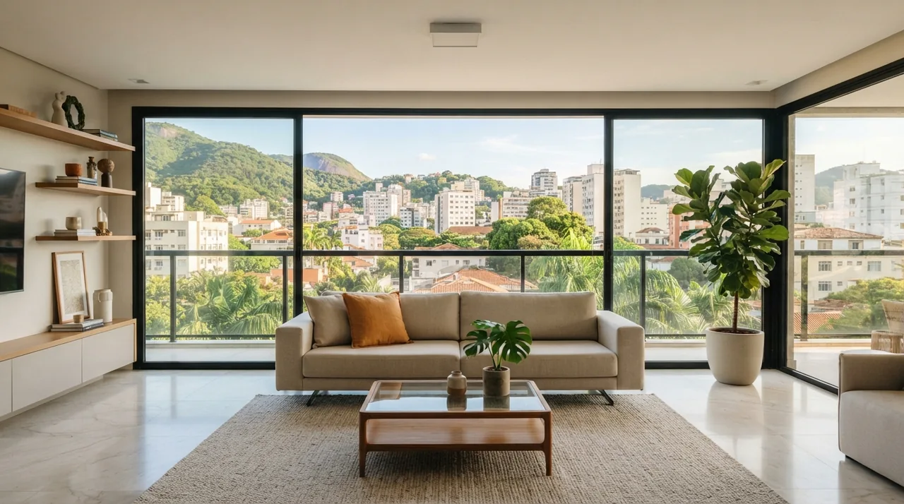Ilustração: sala ampla com piso claro e janela perfeitamente equilibrada mostrando a vista do bairro
