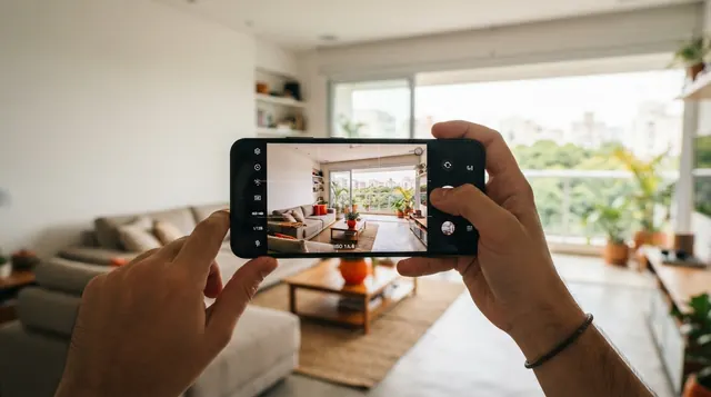 Ilustração: visor da câmera Samsung Galaxy mostrando o enquadramento de uma sala com linhas de grade ativadas