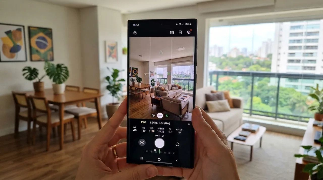 Ilustração: tela da câmera Samsung no modo Pro com a lente UW selecionada e menus manuais abertos