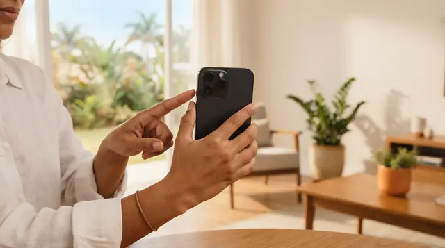 Ilustração: mão segurando celular e apontando o dedo para as lentes traseiras para testar os sensores