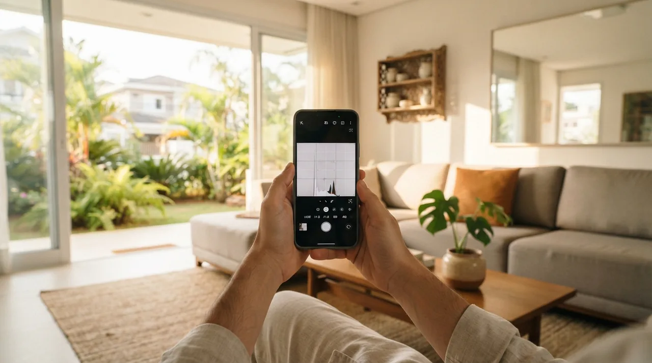 Ilustração: celular com interface do aplicativo de camera profissional mostrando controles manuais em uma sala