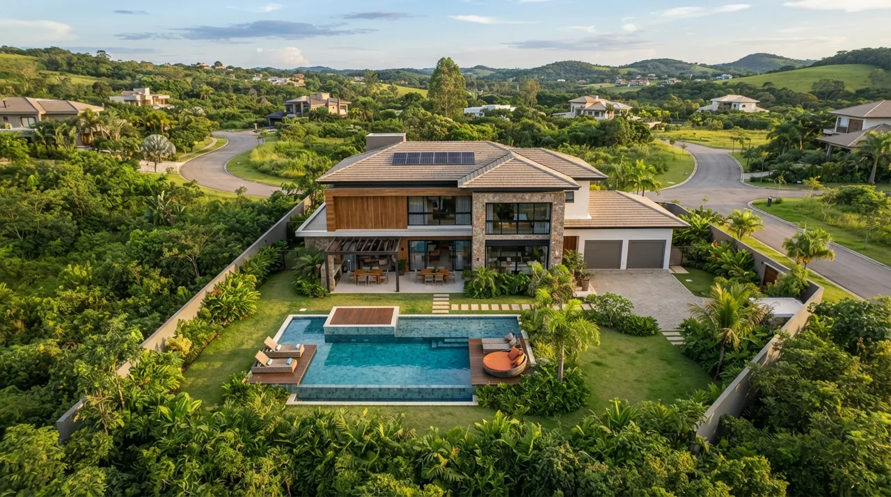 Ilustração: foto aérea em diagonal mostrando uma casa de condomínio completo com piscina nos fundos e área verde ao redor