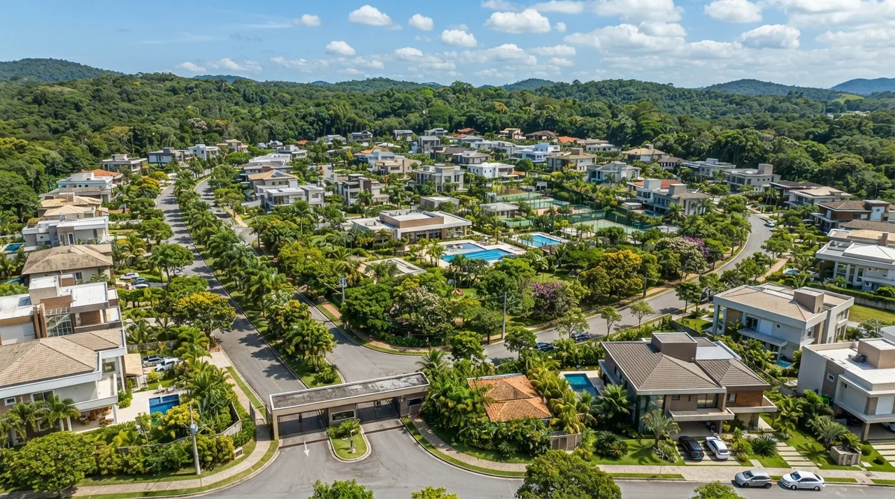 Ilustração: drone sobrevoando a área externa de condomínio residencial com casas e árvores