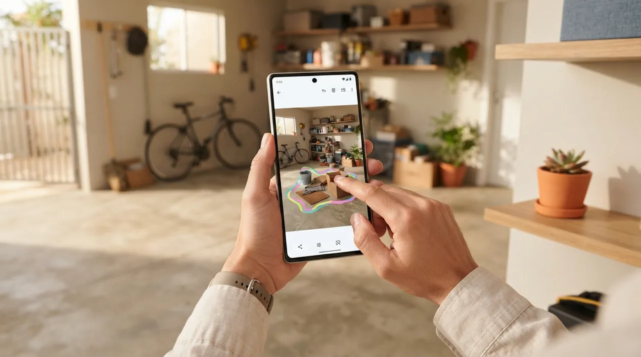 Ilustração: tela do aplicativo Google Fotos mostrando a seleção de objetos indesejados em uma garagem residencial
