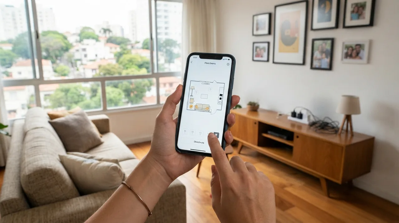 Ilustração: celular exibindo a função de apagar fios elétricos e pequenos objetos em uma sala de estar