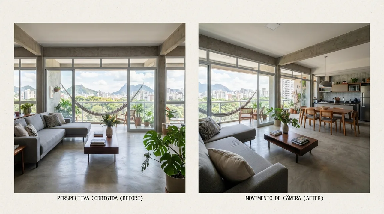 Ilustração: sala ampla com perspectiva corrigida antes e depois de gerar movimento de câmera
