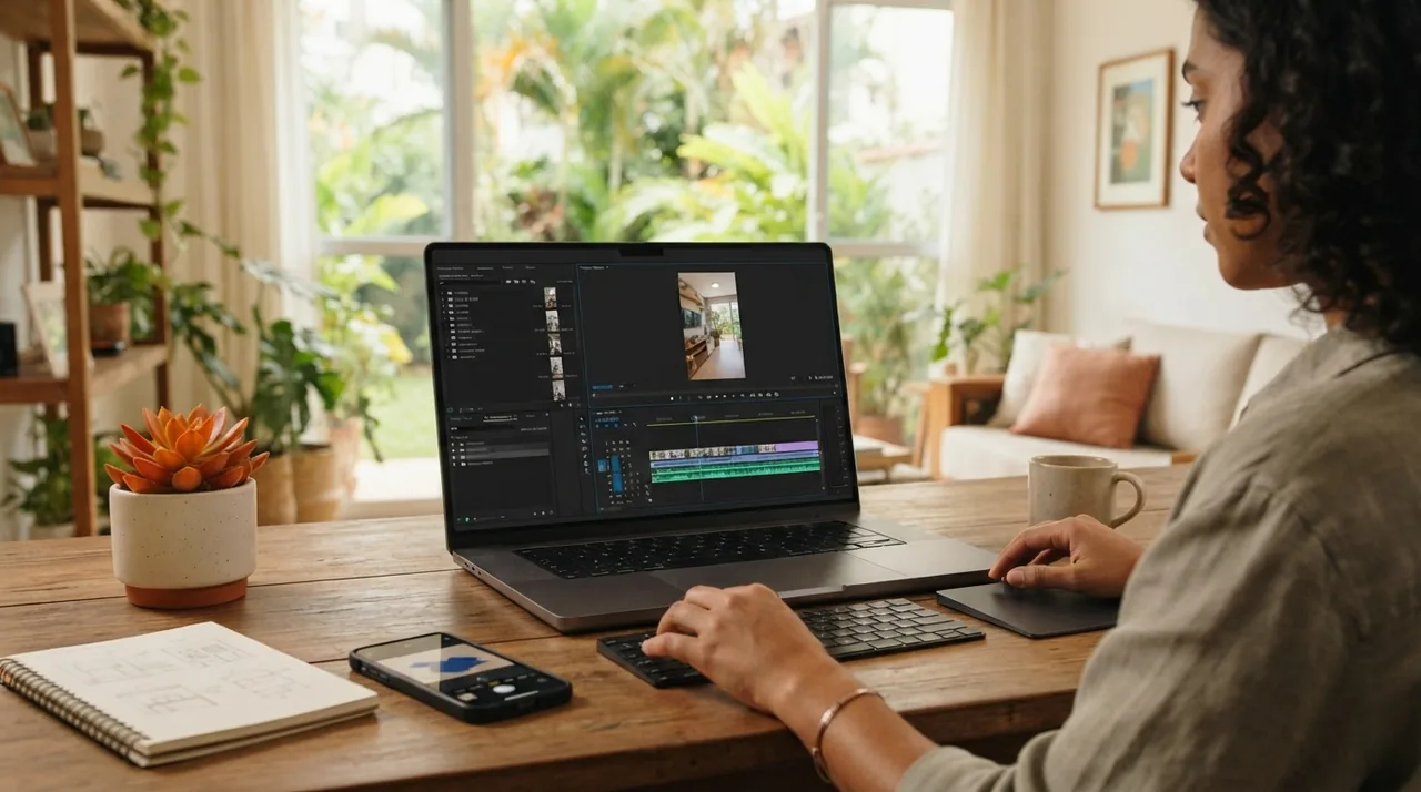 Ilustração: tela do Adobe Premiere Pro com a sequência vertical configurada e painel de projeto com caixas organizadas por cômodos