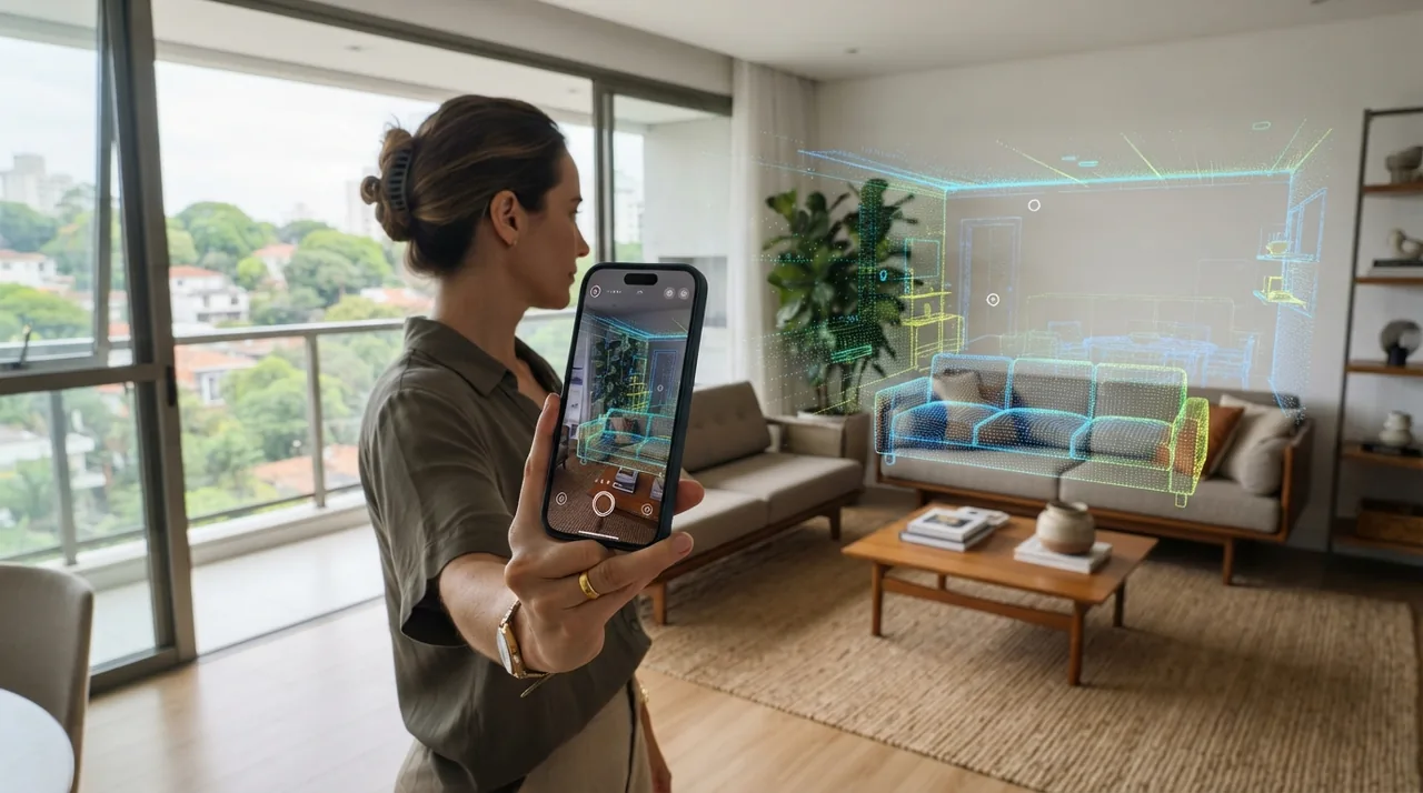 Ilustração: tela de iPhone mostrando o escaneamento de uma sala em tempo real com malha de pontos do sensor LiDAR