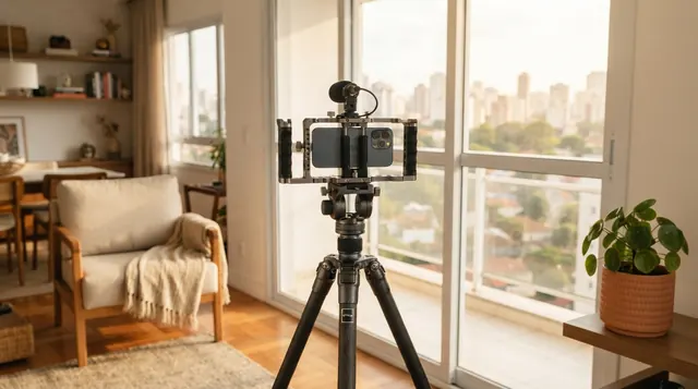Ilustração: equipamento fotográfico robusto montado em apoio firme diante da janela ensolarada de uma sala