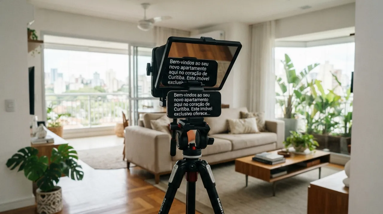 Ilustração: acessório de teleprompter com espelho acoplado ao celular em cima de um tripé