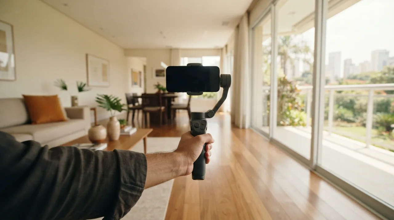 Ilustração: dji osmo mobile 8 sustentando um smartphone em angulo baixo durante passagem por uma sala
