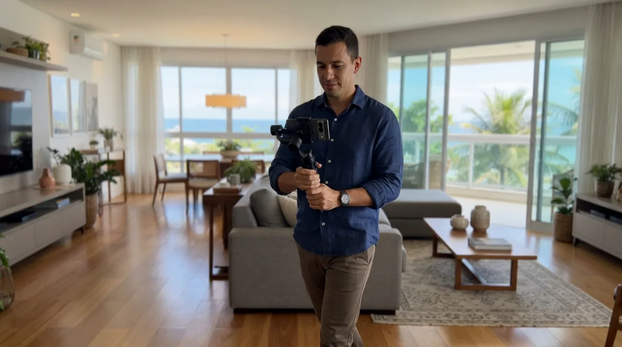Ilustração: corretor caminhando por uma sala de estar segurando o celular acoplado ao gimbal na altura do peito