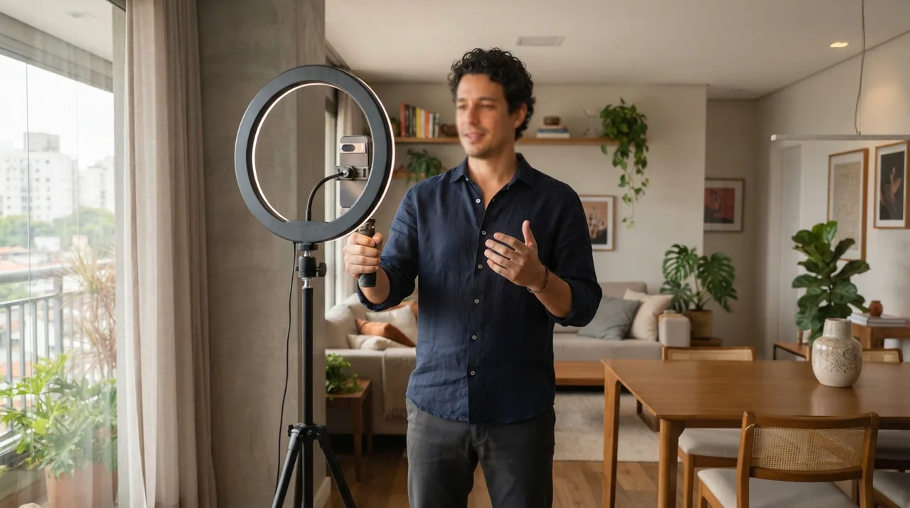 Ilustração: corretor posicionado em frente a um iluminador circular gravando vídeo explicativo em ambiente interno