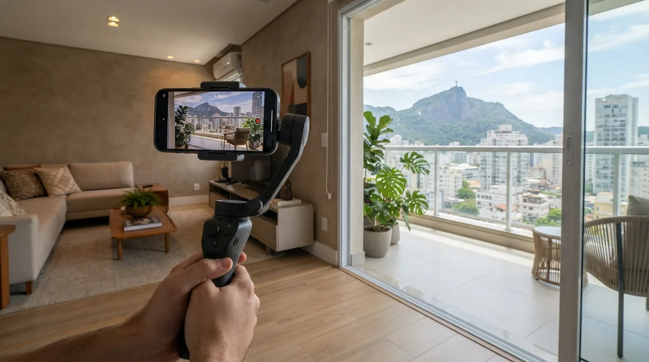 Ilustração: celular acoplado e nivelado em um estabilizador de três eixos gravando a transição entre sala e varanda