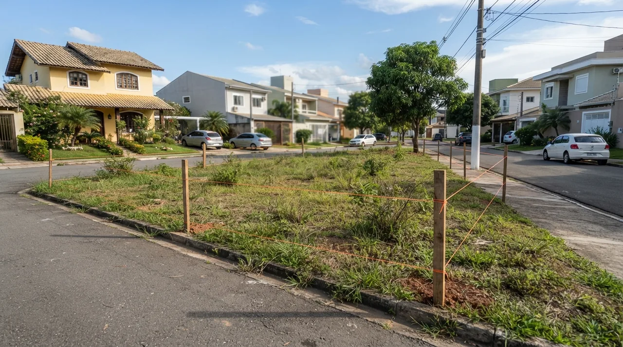Ilustração: lote residencial demarcado com piquetes visto da rua com casas vizinhas ao fundo