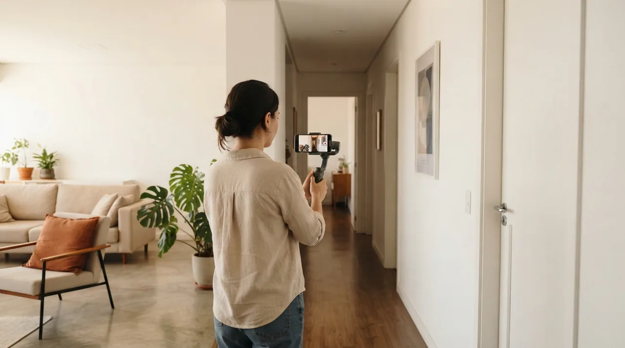 Ilustração: percurso planejado de gravação com celular em apartamento mostrando a transição da sala para o corredor