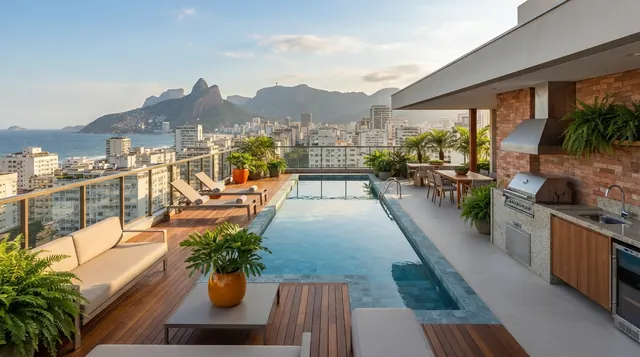 Ilustração: terraço de cobertura amplo com piscina e churrasqueira fotografado na diagonal