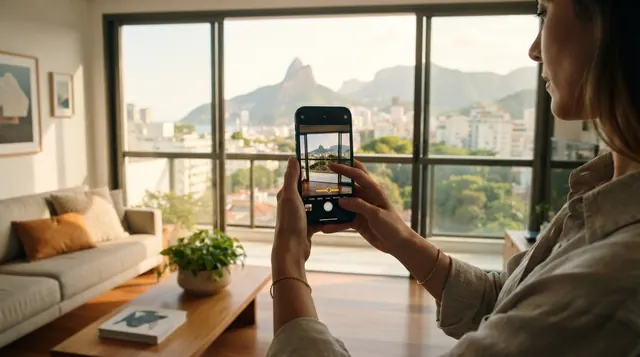 Ilustração: tela do celular ajustando o controle de exposicao na janela com vista aberta