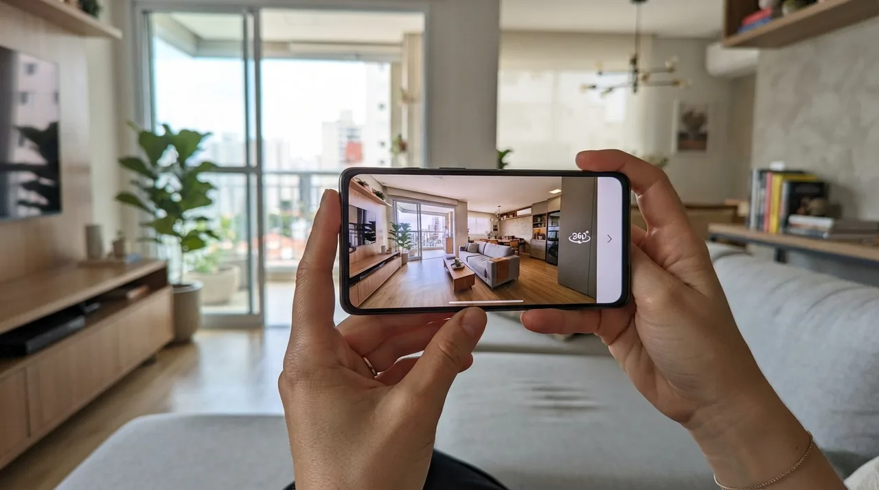 Ilustração: tela de smartphone exibindo um ambiente imobiliário interativo em 360 graus