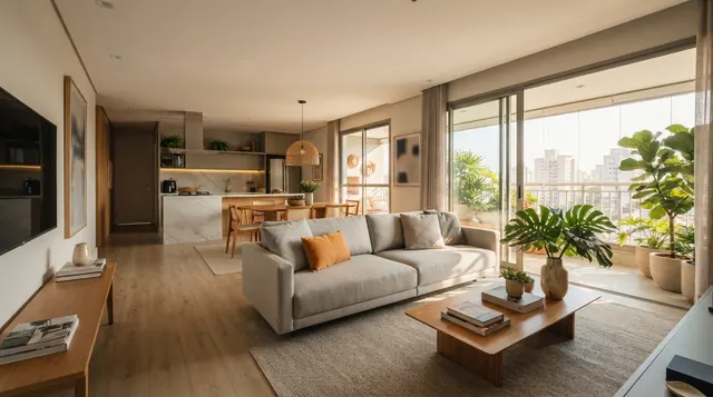 Ilustração: sala de estar ampla fotografada da diagonal com lente 0,5x mostrando o ambiente integrado