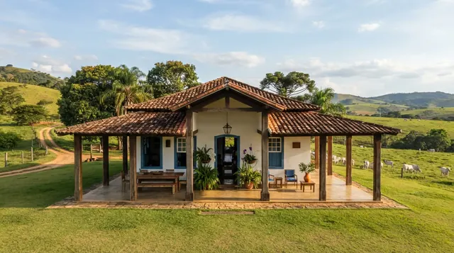 Ilustração: fachada de sede de fazenda com varanda ampla e pasto ao fundo fotografada na horizontal