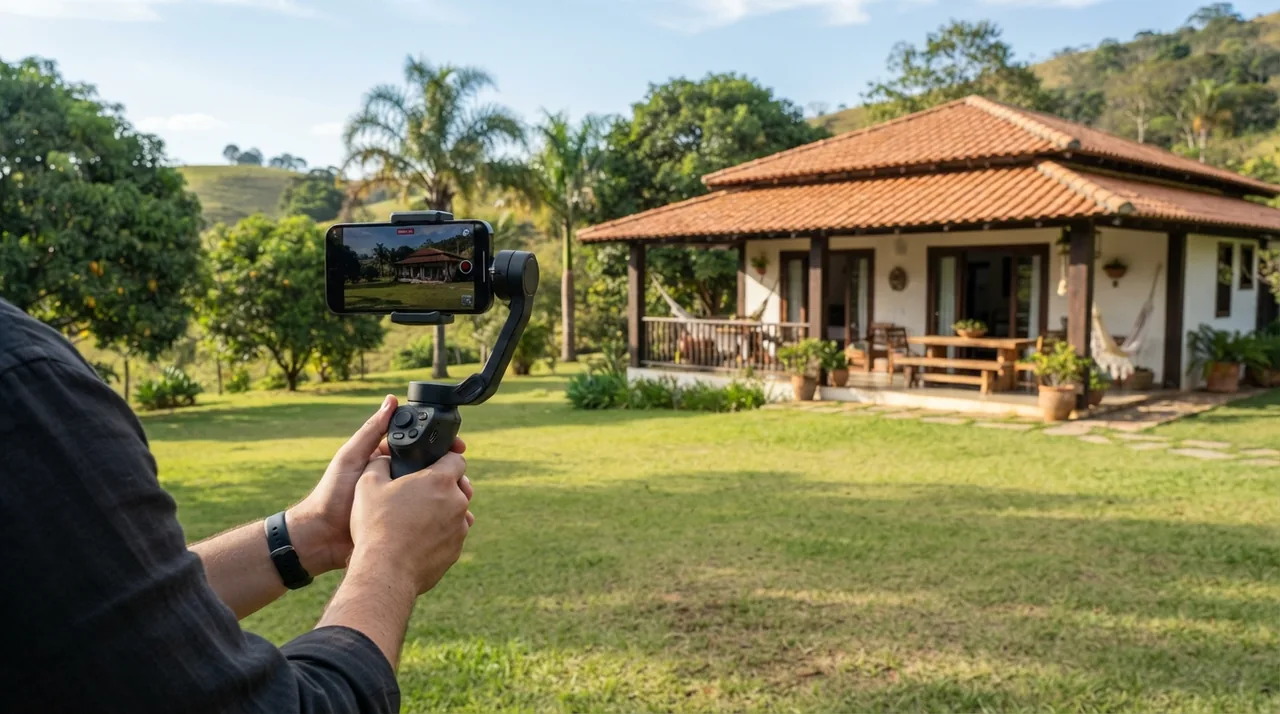 Ilustração: celular com gimbal apontado para a varanda da casa de campo com gramado aberto