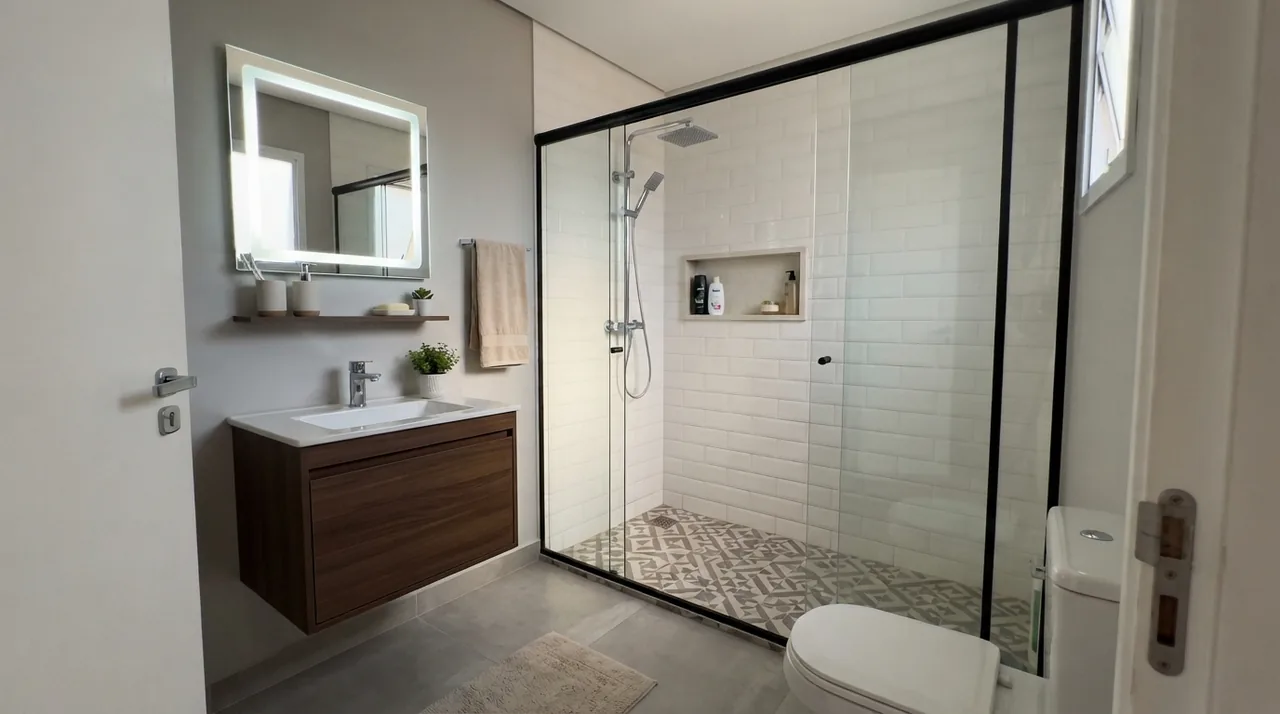 Ilustração: banheiro de apartamento gravado em vídeo com a lente 0,5x mostrando pia e box a partir da entrada