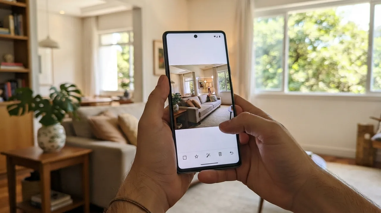Ilustração: tela de smartphone exibindo edição de imagem com inteligência artificial