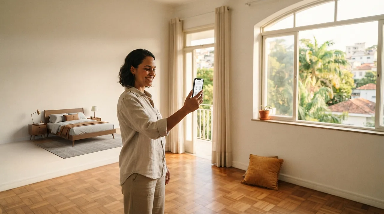 Ilustração: quarto vazio sendo transformado com mobília digital por aplicativo