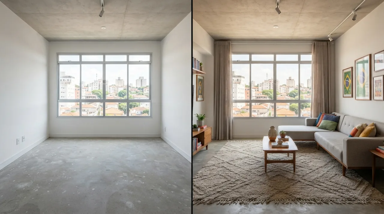 Ilustração: sala ampla vazia com contrapiso lado a lado com a mesma sala ambientada com sofá moderno e tapete
