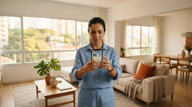 Ilustração: tela de celular mapeando o espaço interno de uma sala de estar em 3d