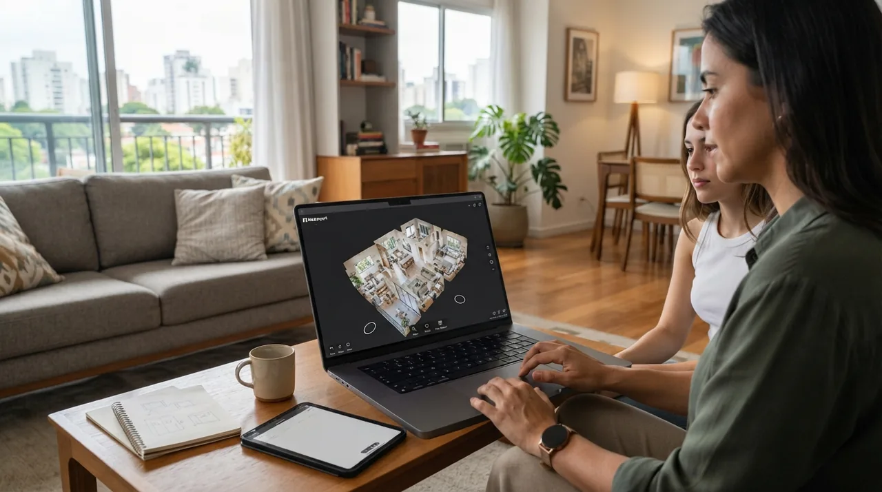 Ilustração: tela exibindo a maquete tridimensional dollhouse gerada pelo matterport em um apartamento