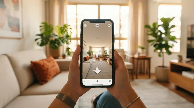 Ilustração: tela de um smartphone exibindo a interface de edição de um tour 360 com setas de navegação entre os cômodos